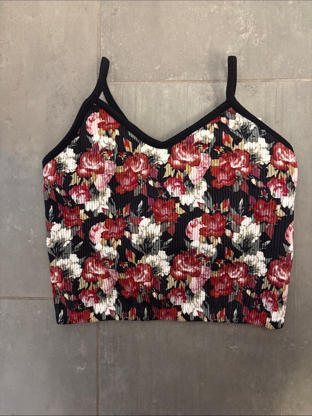 Floral Ribbed V-Neck Crop Top - Black with Red & Cream Roses